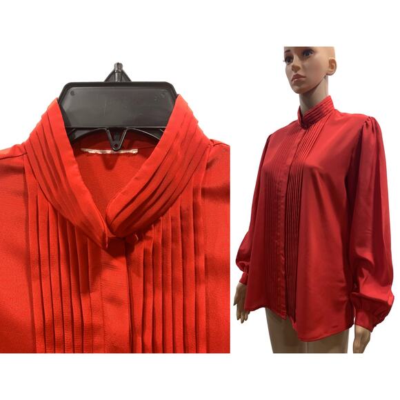 Vintage 70s Red High Collar Secretary Blouse with Pleats | M/L - Picture 2 of 8